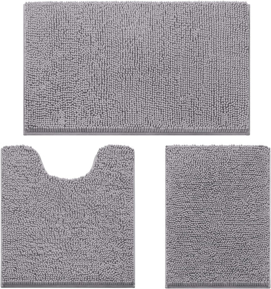 HOMEIDEAS 3 Pieces Bathroom Rugs, Ultra Soft Non Slip Absorbent Chenille Toilet Bath Mat Set (Grey,17"x24"+20"x32"+U Shape 20"x24")