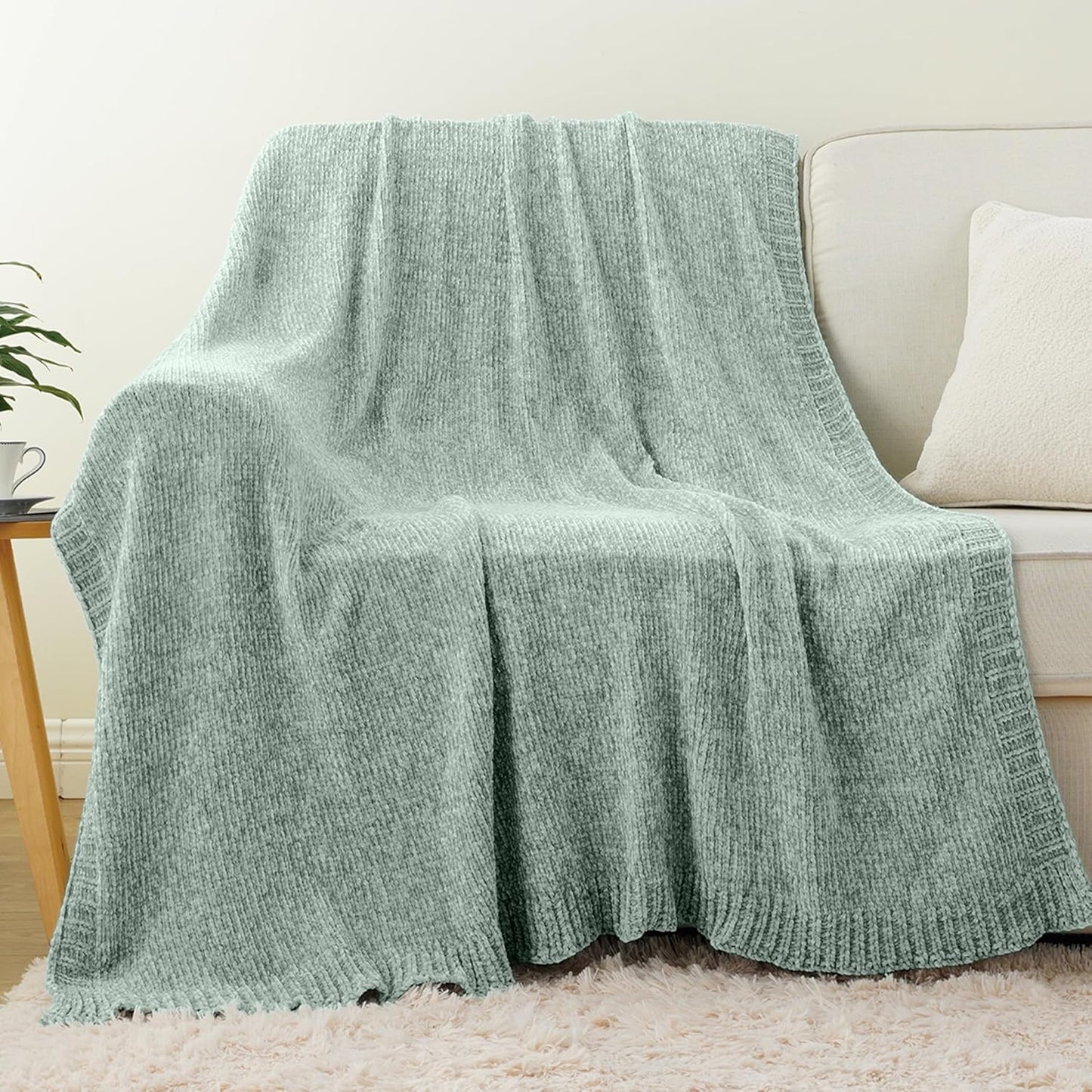 BATTILO HOME Sage Green Throw Blanket for Home Decor, Chenille Knit Throw Blanket for Couch, Sofa, Chair, Cozy Soft Blanket, 51"x67"