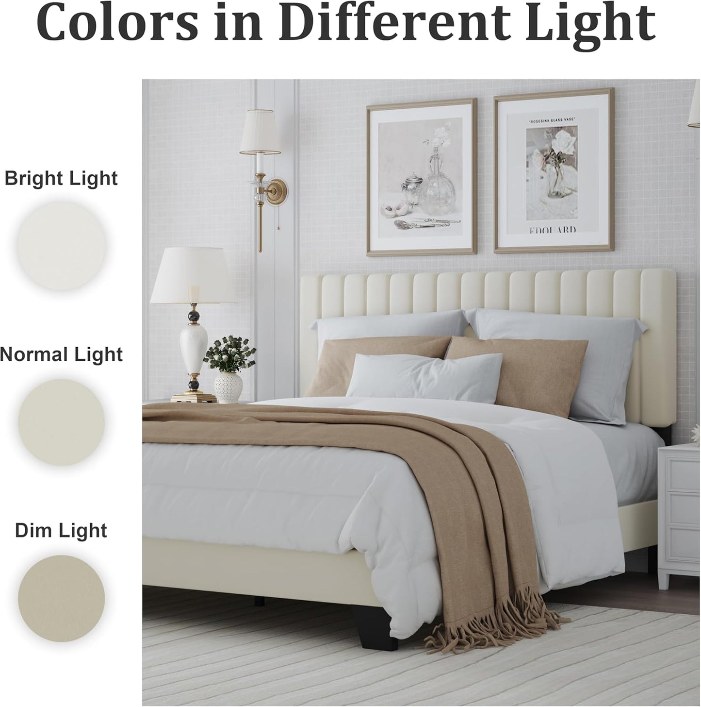 Queen Size Bed Frame with Adjustable Tufted Headboard – Velvet Upholstered Platform Bed, Sturdy Frame & Slats, No Box Spring Needed, Noise-Free, Easy Assembly (Beige, Queen)