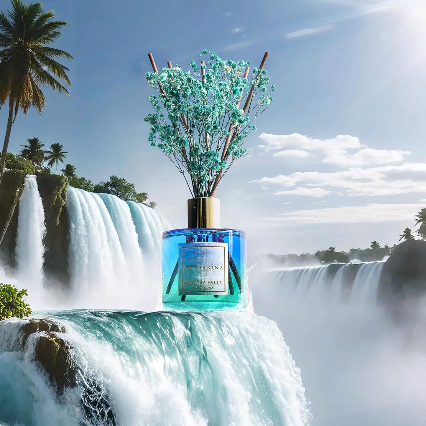 COCORRÍNA Reed Diffuser - Niagara Falls 6.7 Fl.oz Reed Diffuser Set with 8 Sticks & Preserved Baby's Breath, Reed Diffuser for Home Bathroom Shelf Decor