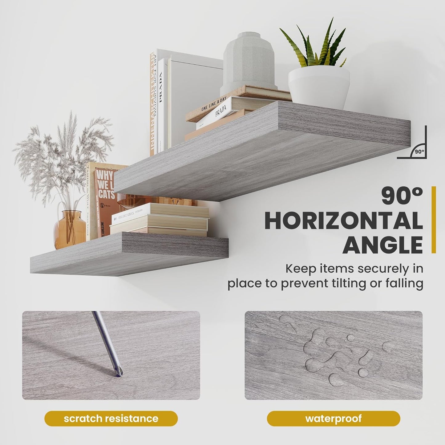 36 Inch Floating Shelves, 9.3" Deep Floating Shelf Wall Mounted, 36" Wall Shelves, Rustic Deep Bookshelf, Large Display Shelves & Storage Shelves for Bedroom, Living Room, Gray, Set of 2