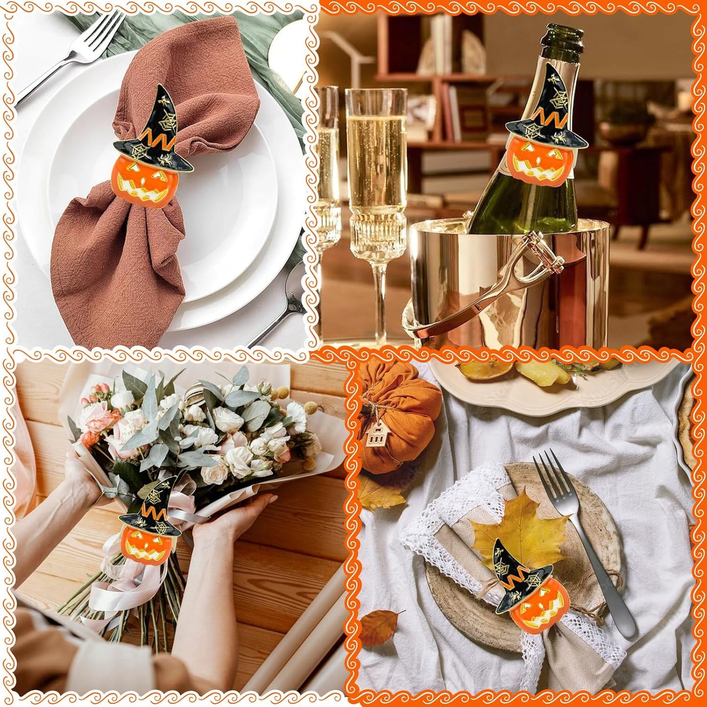 Legigo Set of 12 Halloween Napkin Rings for Dinning Table Settings- Horror Scary Orange Pumpkin Black Witch Hat Napkin Holder Ring for Holiday Party Kitchen Dinner Table Decarations