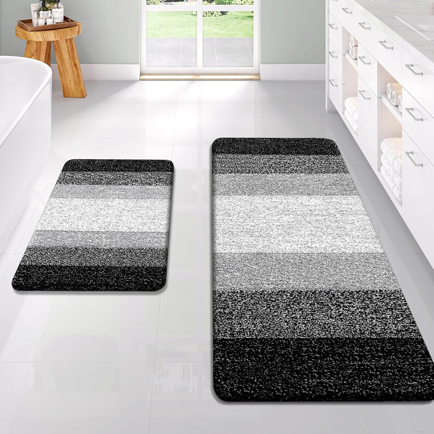 OLANLY Bathroom Rug Set 2 Piece, Soft Absorbent Microfiber Bath Rug Set, Non-Slip, Machine Wash Dry, Plush Shaggy Bath Mats for Bathroom (47"x20"+24"x16", Black)