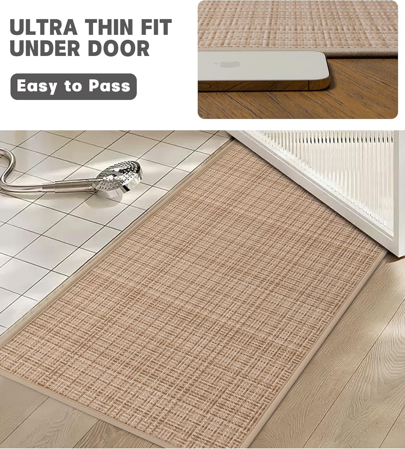 YIHOUSE Bathroom Rugs Sets 2 Pieces, Khaki Ultra Thin Bath Mats Fit Under Door, Absorbent Quickly Dry Rubber Backing Braided Bath Mat Set, Non Slip Washable Bath Rugs for Bathroom Floor, Khaki