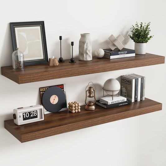 Floating Shelves for Wall with Invisible Brackets, Wall Mounted Engineered Wood Shelves with Wood Grain for Living Room, Bedroom, Bathroom, Kitchen Decor and Storage, Oak, 55"L Set of 2, Walnut