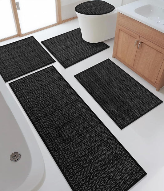 YIHOUSE Bathroom Rugs Sets 5 Pieces, Ultra Thin Bath Mats Fit Under Door, Absorbent Quickly Dry Rubber Backing Braided Bath Mat Set, Non Slip Washable Bath Rugs for Bathroom Floor