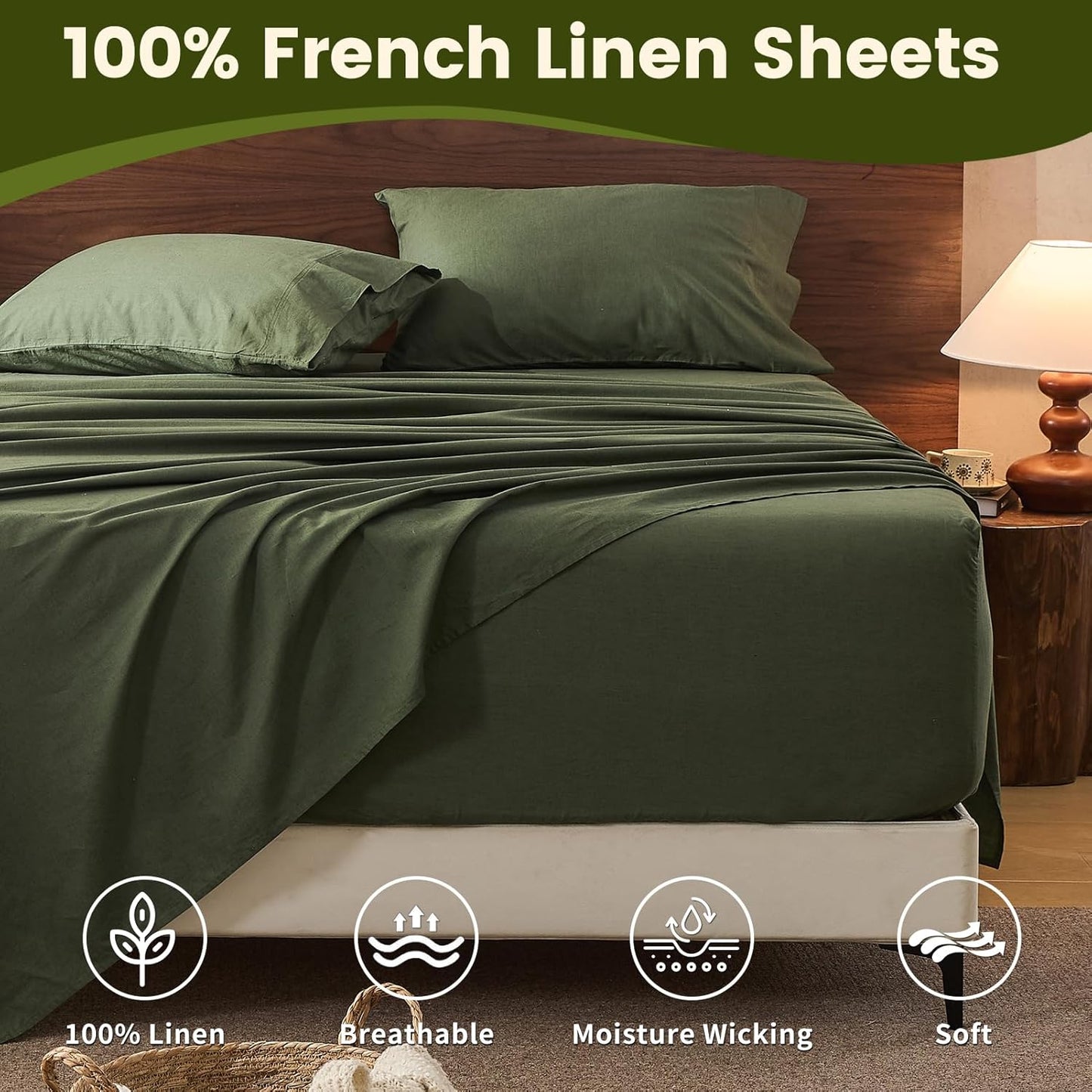 100% Linen Sheet Set Cal King Size Extra Deep Pocket Fits 18-24 Inch Mattress, Breathable & Soft, Smooth 6-Piece Set for Thick Mattresses Hotel Luxury Bedding（Cal King, Forest Green）