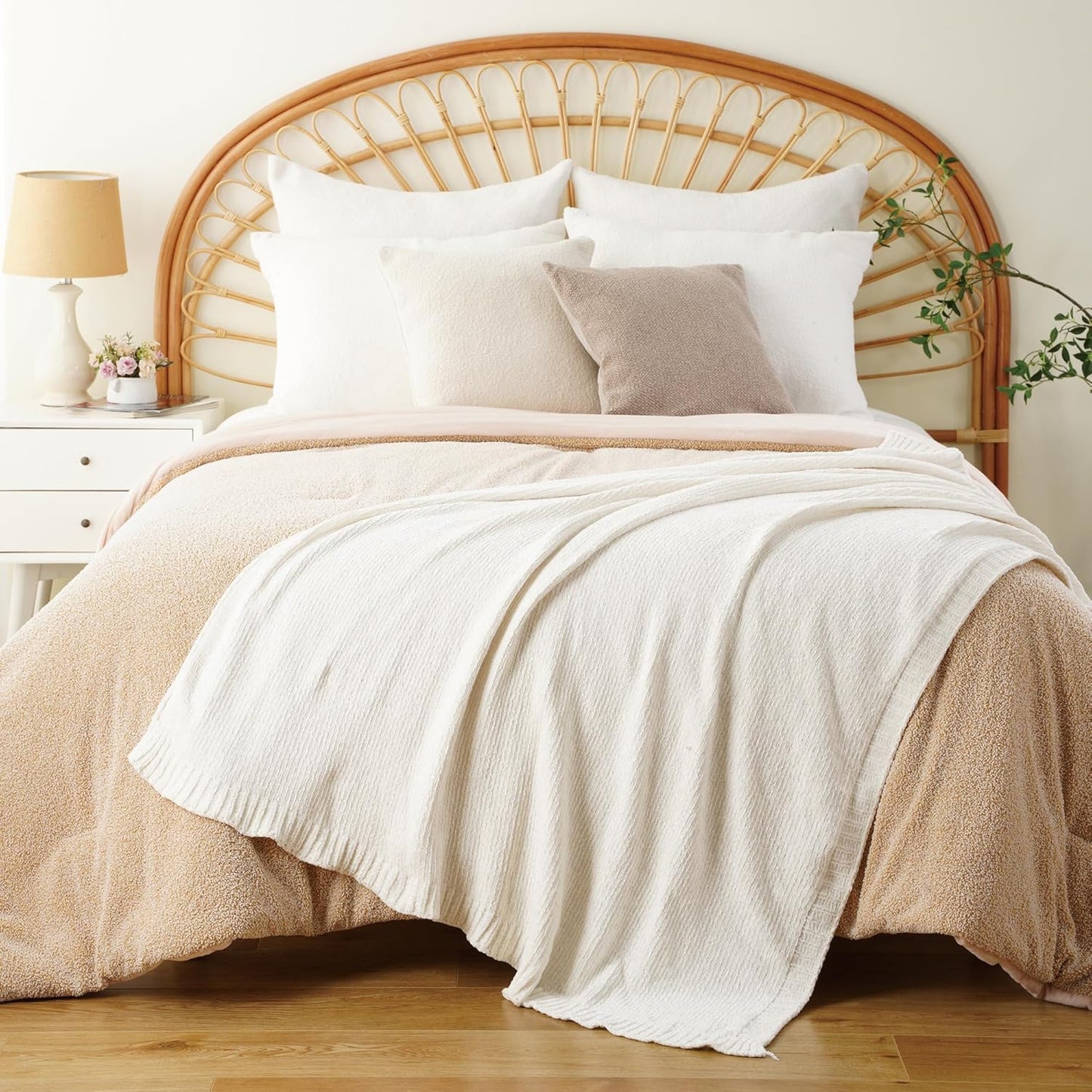 BATTILO HOME White Chenille Throw Blanket for Couch, Knit Cream Chenille Blanket for Bed, Sofa, Home Decor, Soft Warm Ivory Throw Blankets for Farmhouse,51"x67"