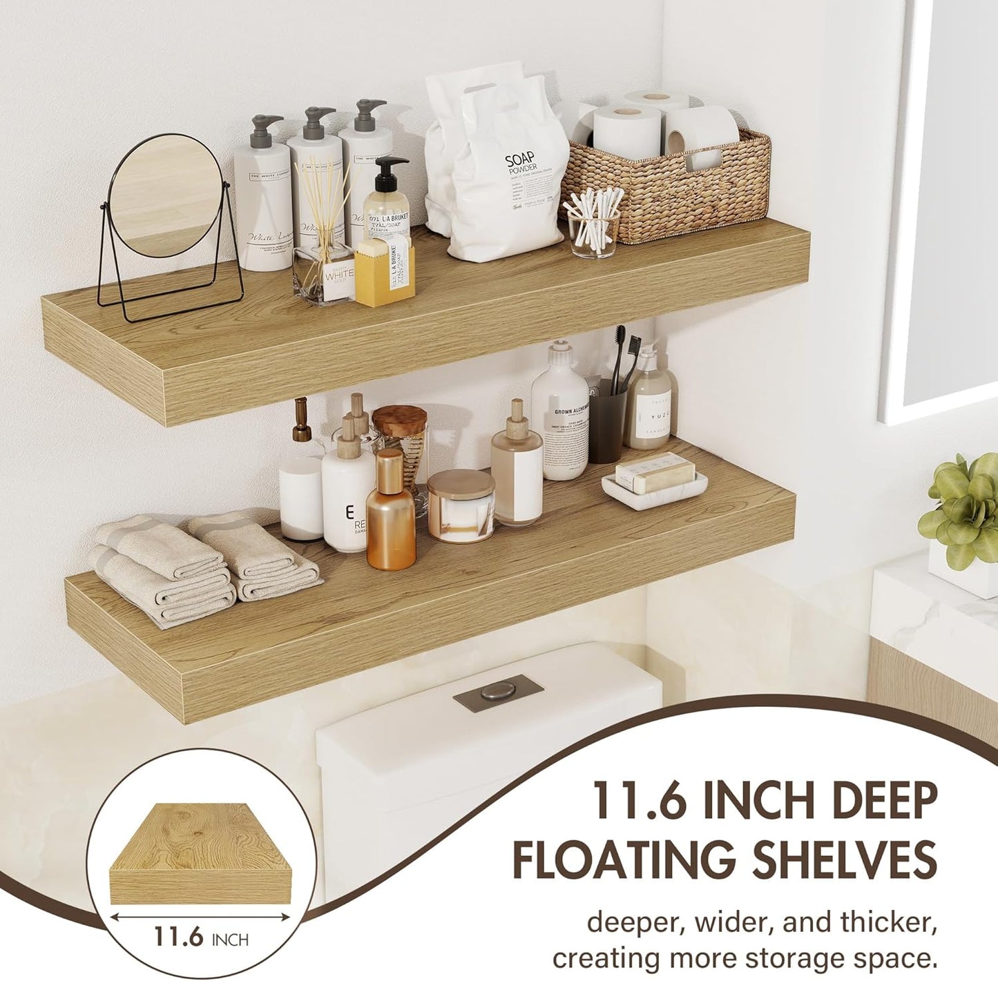55 Inch Floating Shelves, 12" Deep Floating Shelf Wall Mounted, 55" Wall Shelves, Rustic Deep Bookshelf, Extra Deeper & Thicker Display Shelves for Bedroom, Living Room, Oak, Set of 2