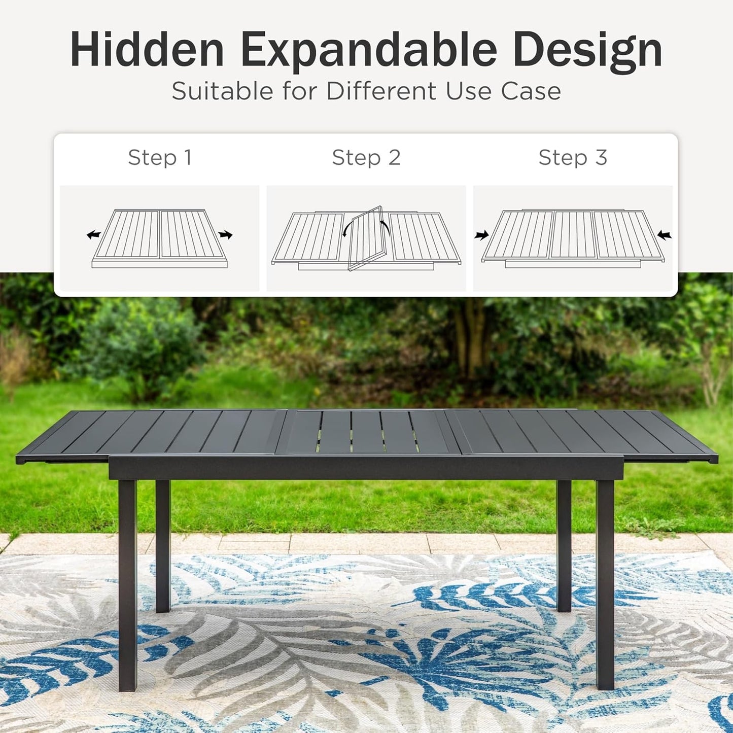 PHI VILLA Outdoor Patio Dining Table and Chairs Set of 7 Pieces Patio Furniture Set Metal Extendable Dining Table and 6 Black Chairs for Bistro Backyard Garden