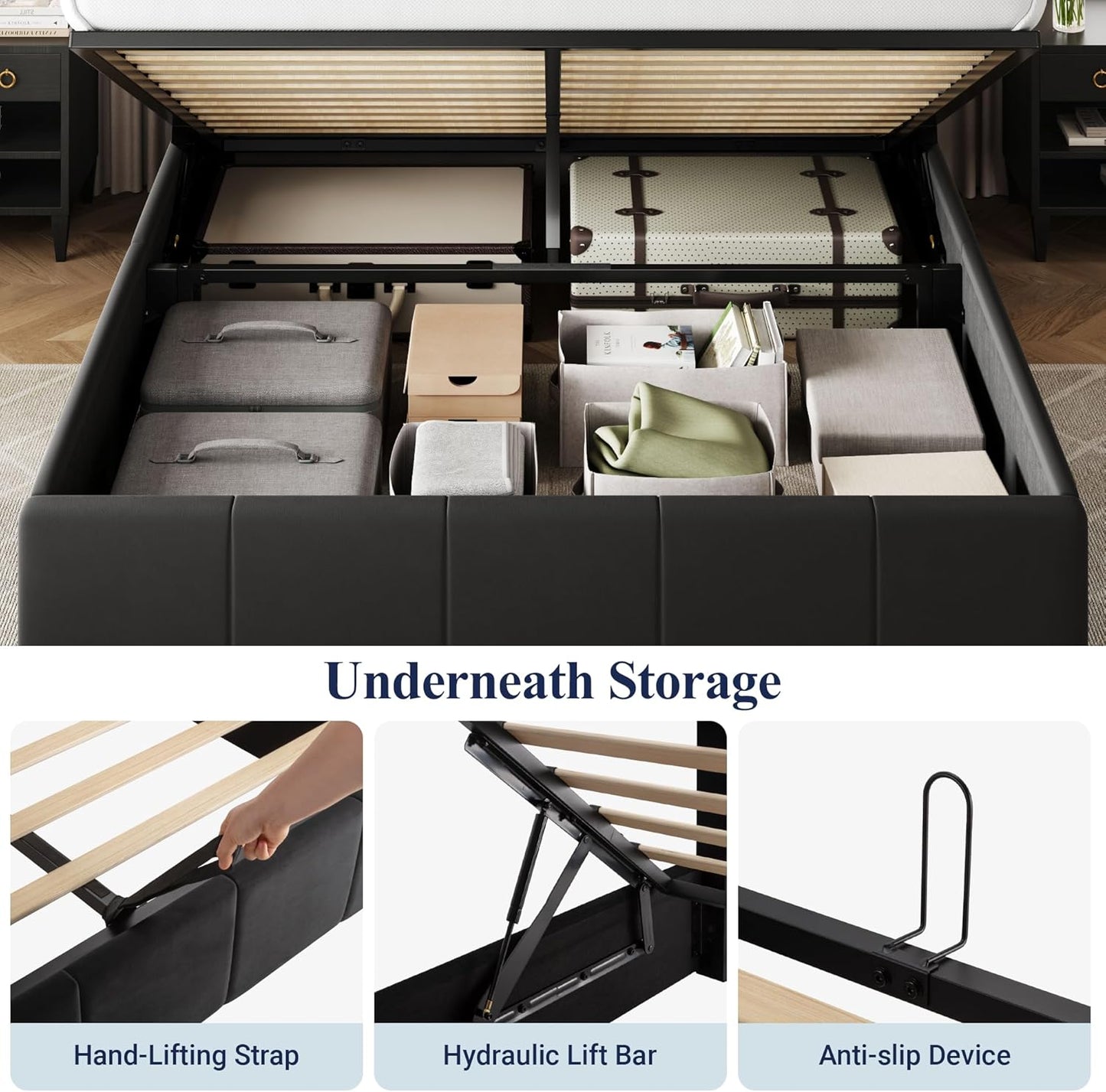 Allewie Queen Size Velvet Lift Up Storage Bed Frame, Vertical Channel Tufted Headboard, Hydrualic Underneath Storage, Upholstered Platform Bed, Wooden Slats Support, No Box Spring Needed, Black