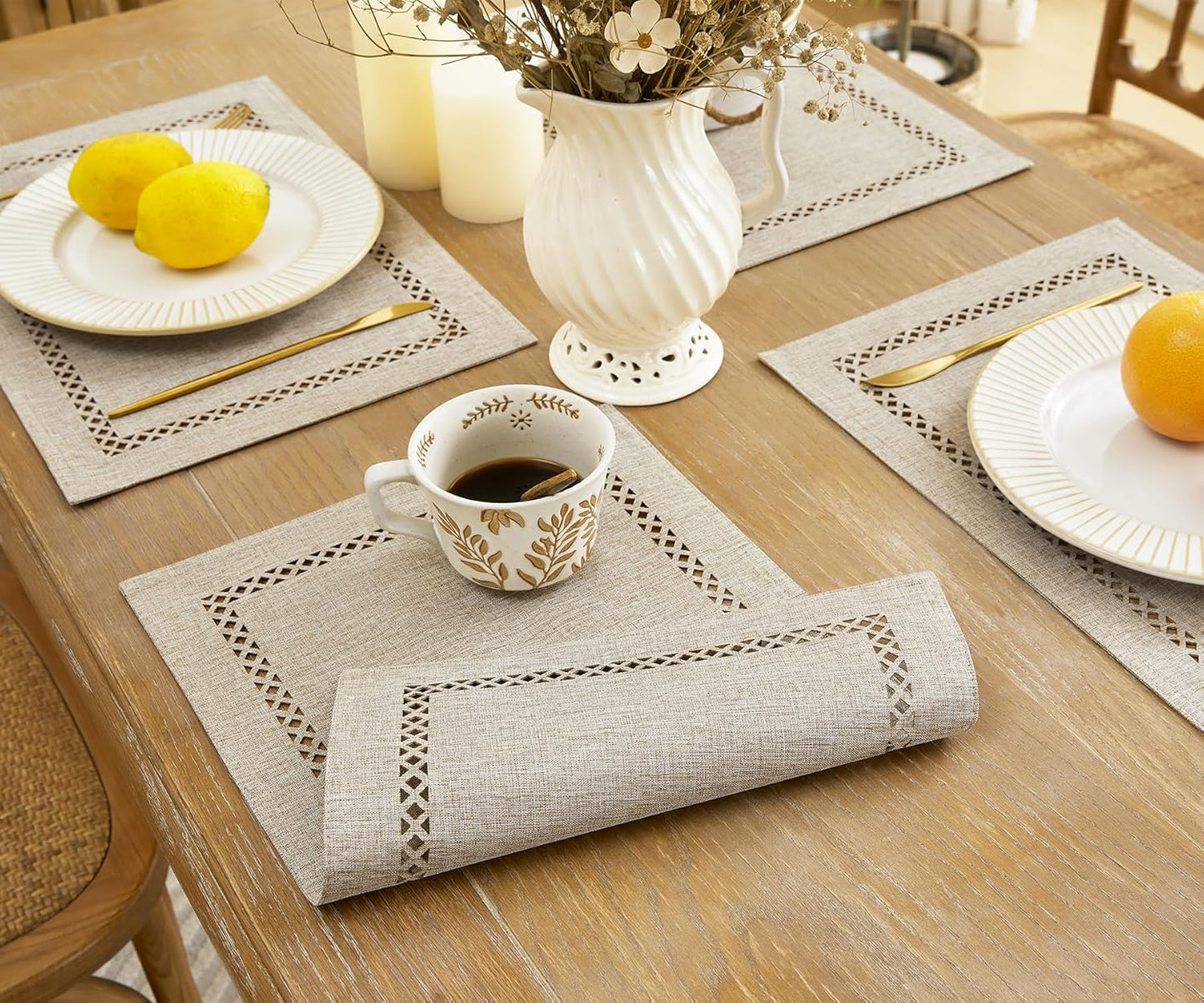 Burlap Placemats Set of 4, 12 x 18 Inch Rustic Geometric Hollow Place Mats, Heat Resistant Placemats for Farmhouse Kitchen Table Decor, Coffee 4PCS