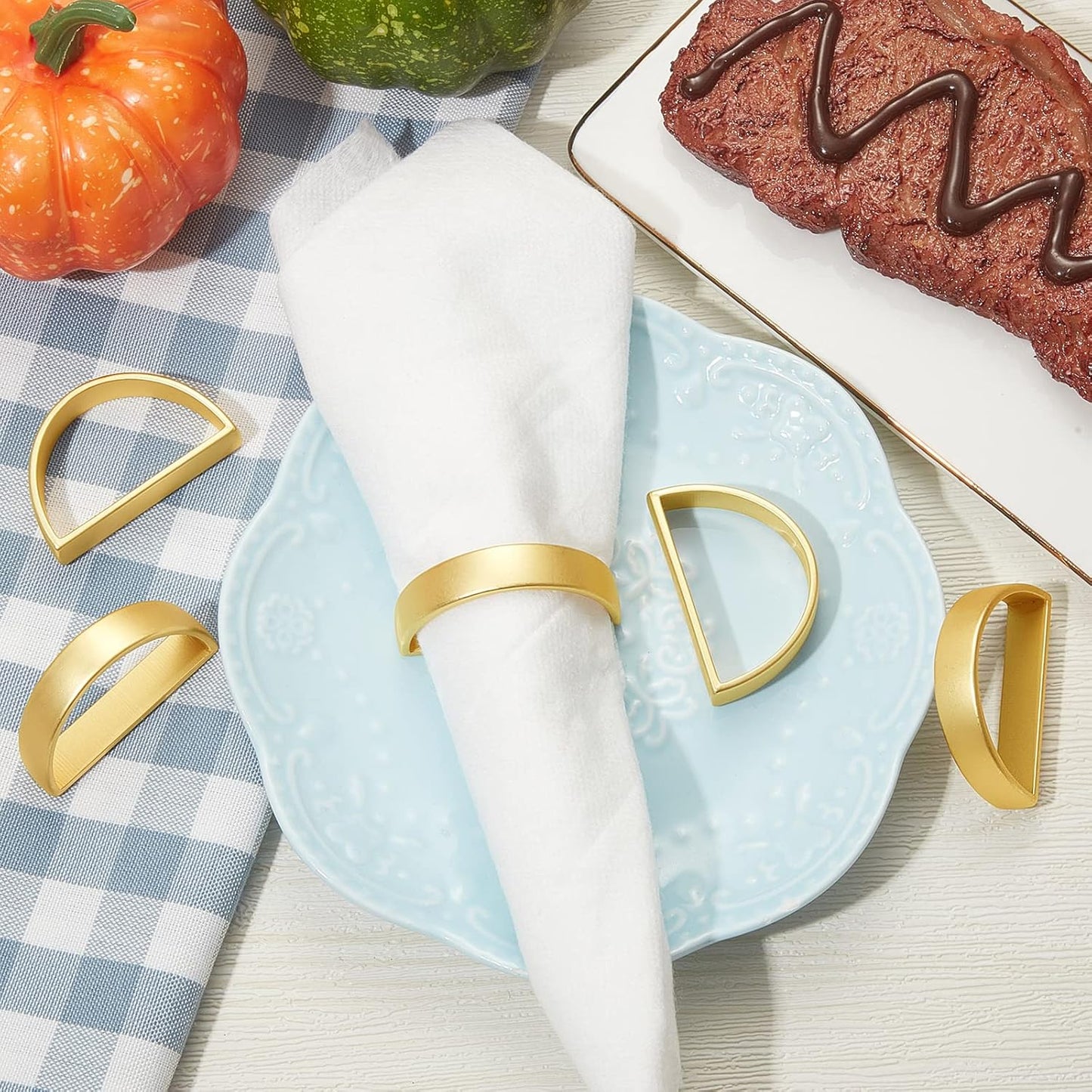 10 Pcs Stainless Steel Napkin Rings Metal Napkin Ring Holders Modern Serviette Buckles Metallic Adornment for Table Settings Kitchen Dinner Party Wedding (Matte Gold Semicircle)