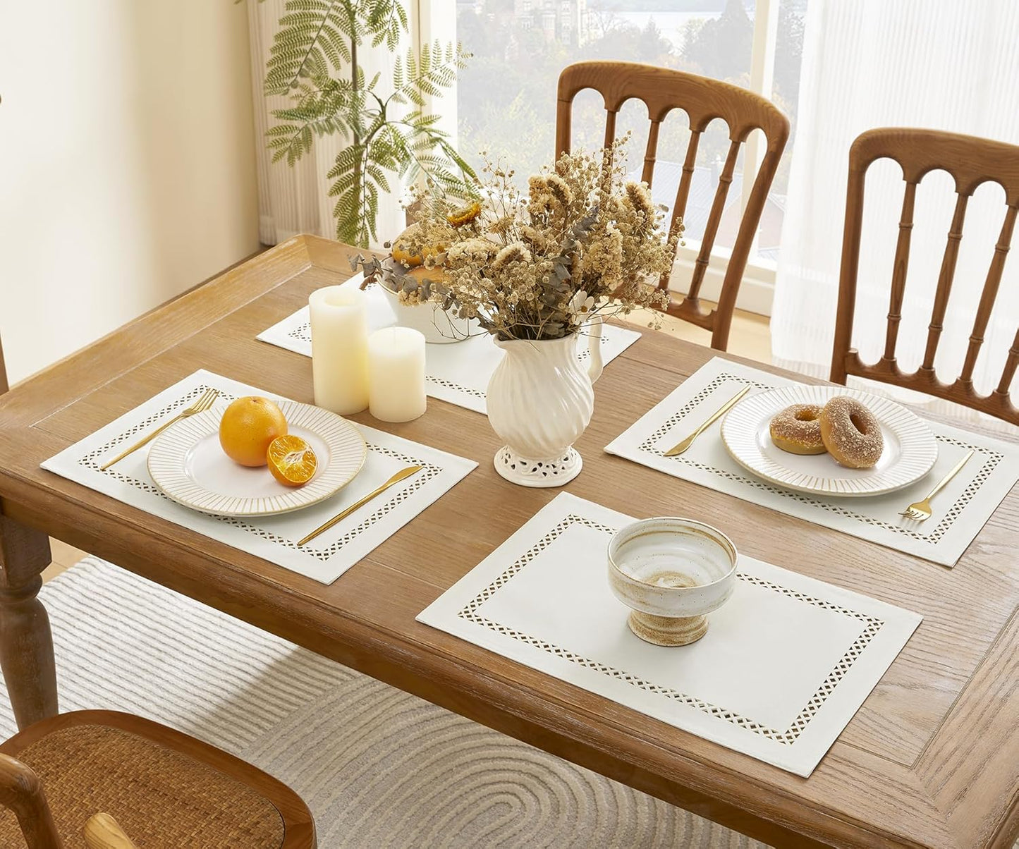 Burlap Placemats Set of 4, 12 x 18 Inch Rustic Geometric Hollow Place Mats, Heat Resistant Placemats for Farmhouse Kitchen Table Decor, Off White 4PCS
