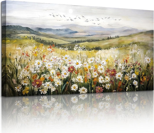 SERIMINO Mountain Floral Landscape Wall Art, Daisy Wildflower Large Canvas Painting, Hill Sunrise Scenery Wall Pictures, Modern Country Aesthetic Wall Decor Living Room Bedroom Art Prints 24X48 Inch