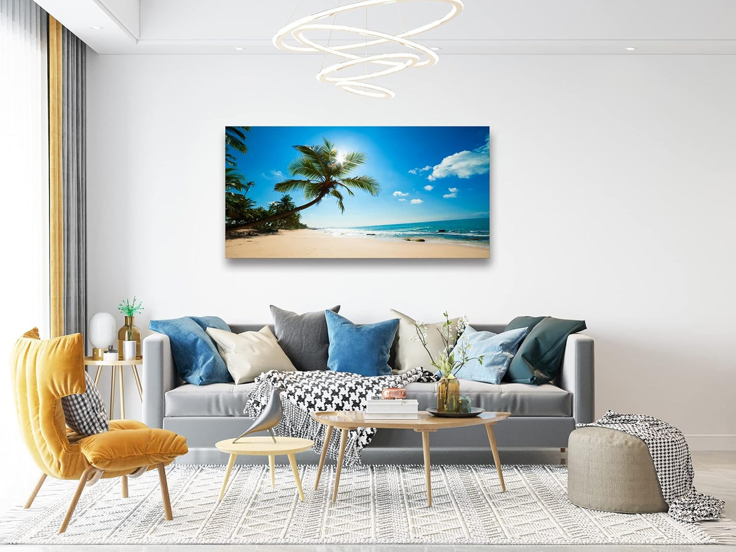Muolunna X0650 Large Canvas Wall Art Summer Ocean Waves Prints Coconut Trees Beach Seascape Painting Hawaii Sea Nature Pictures Stretched and Framed for Living Room Home Office Wall Decor Artwork