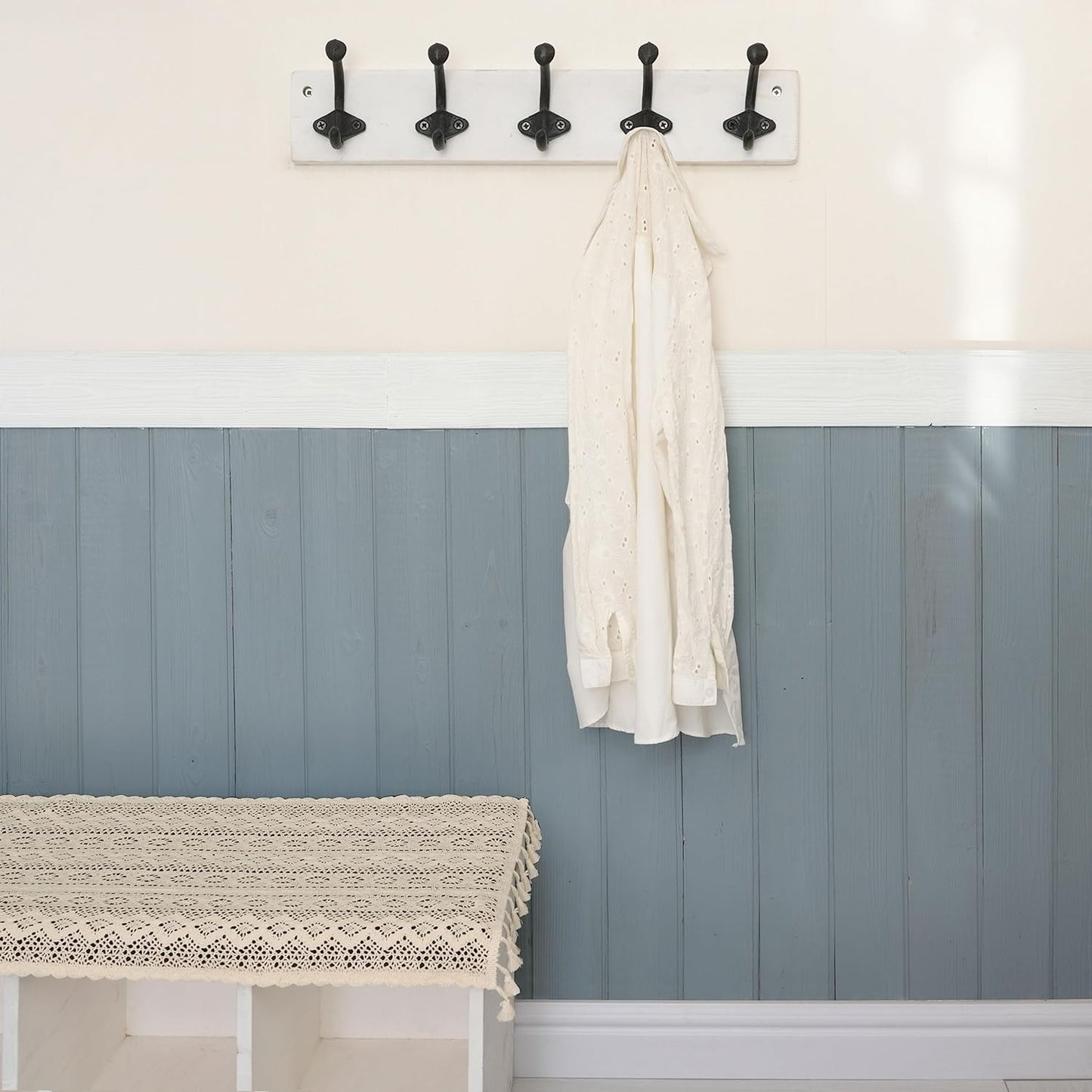 WEBI Rustic Coat Rack Wall Mount,5 Cast Iron Coat Hooks Wall Mounted,Heavy Duty Antique Vintage Hooks for Hanging Coats,Jacket,Clothes,Black on White,2 Packs
