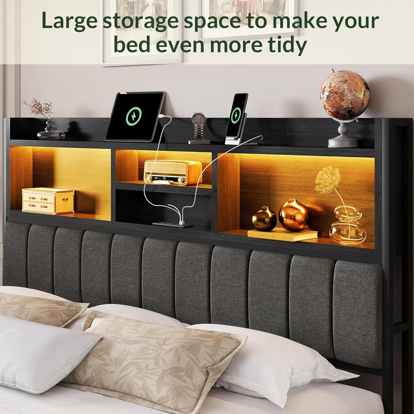 LARMACE King Bed Frame with 6 Storage Drawers, Bed Frame King Size with Linen Upholstered Headboard, Built in Charging Station and LED, No Noise, Metal Support, No Box Spring Needed,Vintage Black