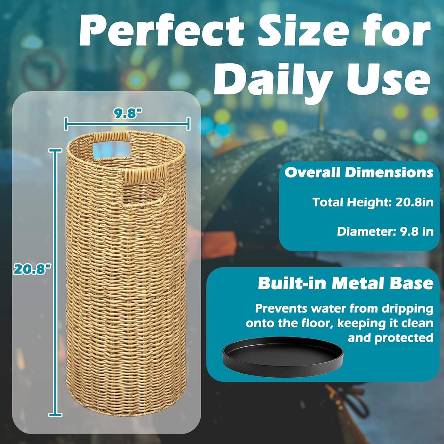 Rattan Umbrella Holder 20.8" H X 10" D,Handmade Wicker Umbrella Stand Indoor with Dip Tray,Sturdy Umbrella Holders for Entryway,Umbrella Bucket Fits Mudroom,Walking Canes,Home,Office (Oak)