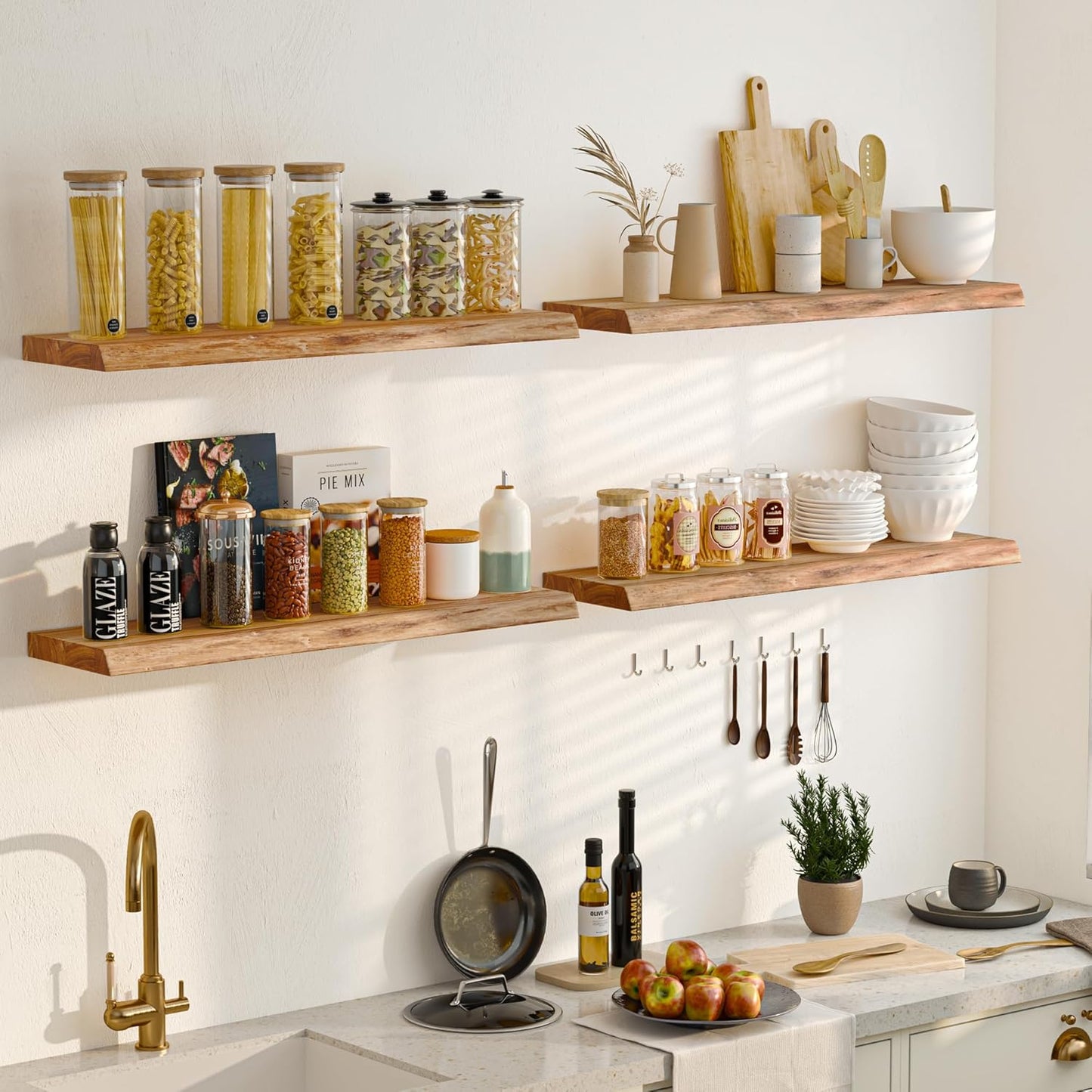 Fun Memories Floating Shelves for Wall Decor, Rustic Solid Elm Wood Live Edge Floating Shelves Wall Mounted, Heavy-Duty Shelf with Invisible Bracket for Living Room Kitchen, 72 Inch Set of 1, Natural