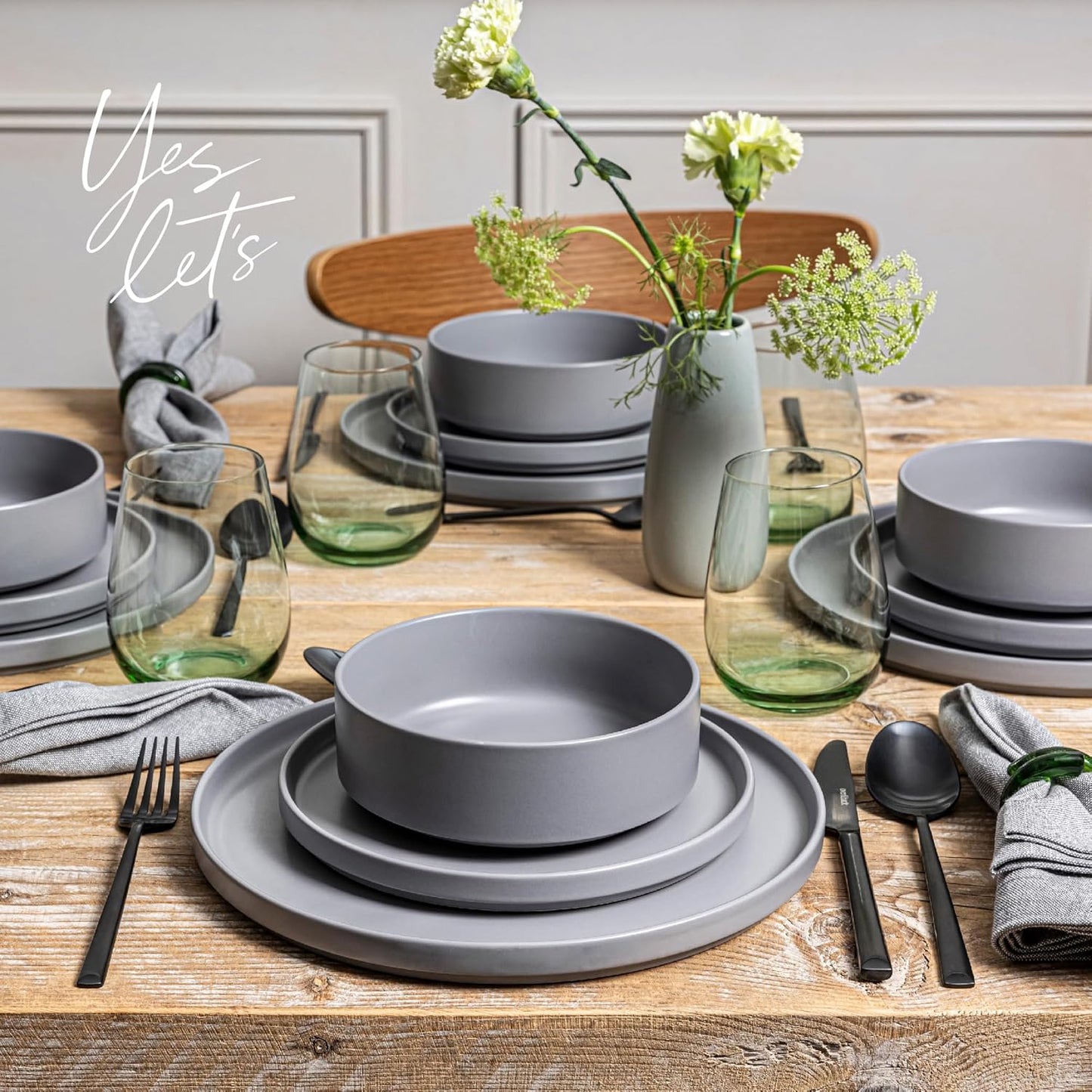 over&back 12-Piece Stackable Dinnerware Dish Set - Stoneware Dishes - Includes 4 Dinner Plates, 4 Salad Plates, 4 Cereal Bowls, and 4 Dinner Bowls - All-Occasion Place Settings - Semi-Matte Charcoal