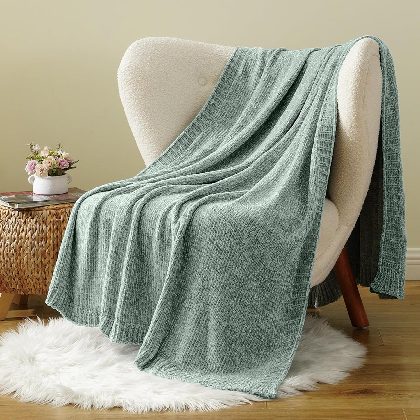 BATTILO HOME Sage Green Throw Blanket for Home Decor, Chenille Knit Throw Blanket for Couch, Sofa, Chair, Cozy Soft Blanket, 51"x67"