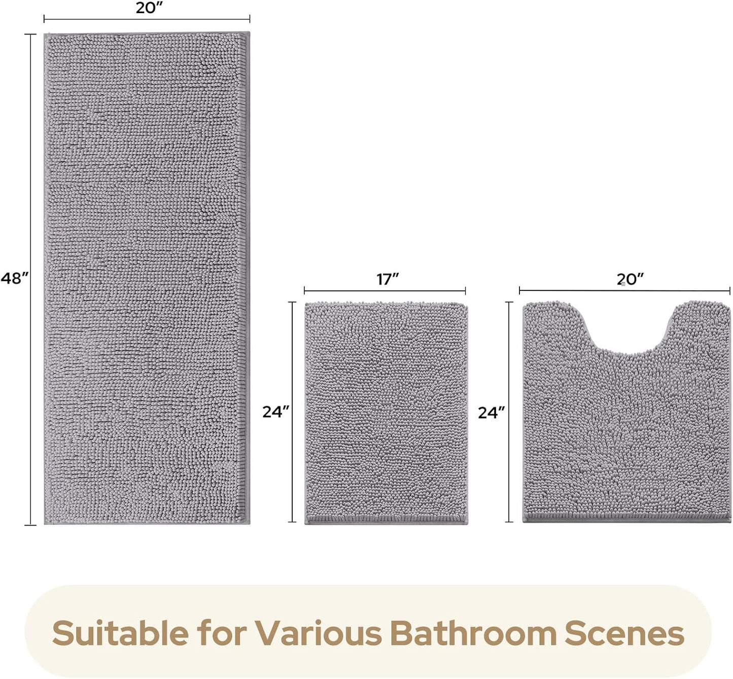 HOMEIDEAS 3 Pieces Bathroom Rugs, Extra Large Ultra Soft Non Slip Absorbent Chenille Toilet Bath Mat Set (Grey,17"x24"+20"x48"+U Shape 20"x24")