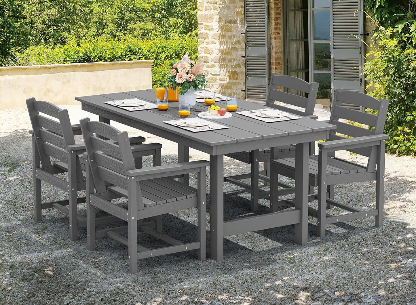 SERWALL 67" Outdoor Dining Table - HDPE All-Weather Rectangular Patio Table with Umbrella Hole, Gray