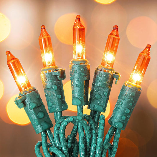 Orange Halloween Tree Lights with Green Wire,13ft 50 Incandescent Bulb Waterproof Fairy Lights，Plug in Mini String Lights for Christmas, Patio, Holiday, Party, Home, Indoor Outdoor Decor