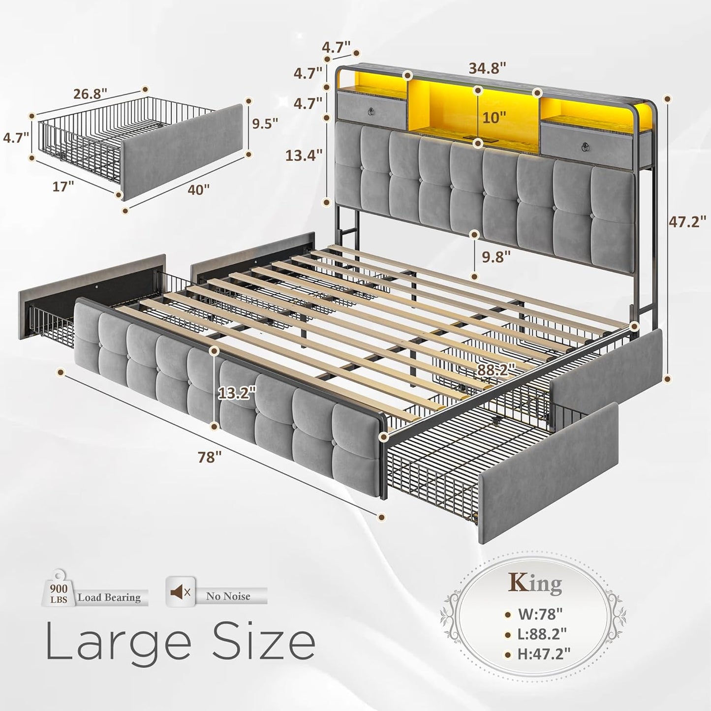 EnHomee King Size Bed Frame with 6 Storage Drawers and Upholstered Headboard,King Bed Frame with LED Lights and Charging Station,no Box Spring Needed,No Noise, Easy Assembly,Velvet,Sturdy,Soft,Grey
