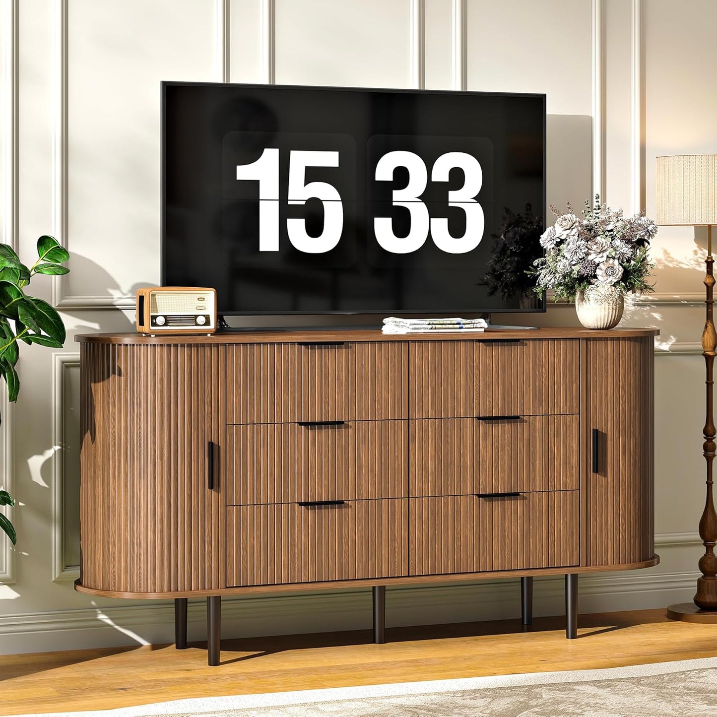 Modern Curved Fluted TV Stand for TVs up to 70 Inches, TV Console with Sliding Doors and Drawers, Credenza with Storage Cabinet for Living Room, 63 Inch, Brown