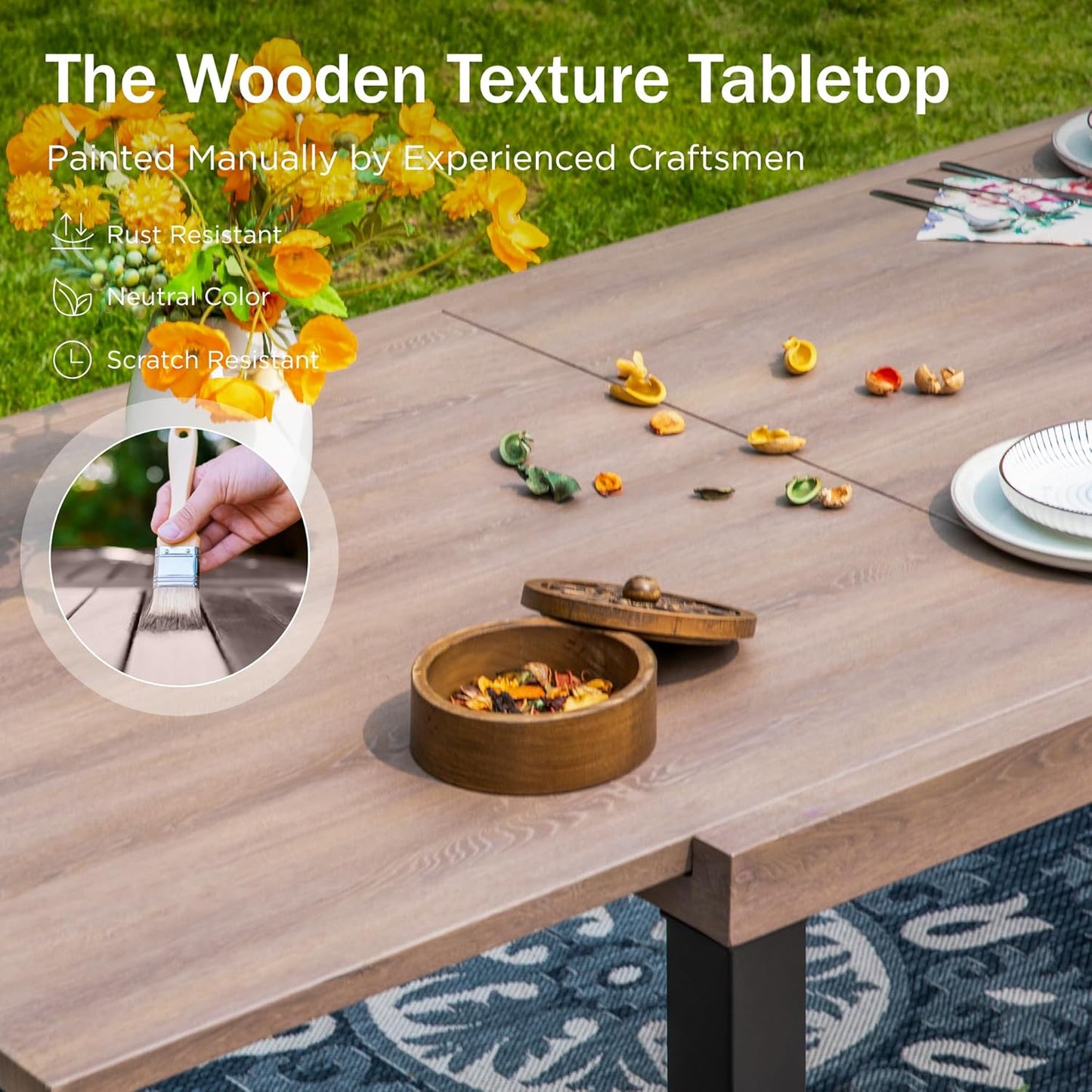 PHI VILLA 7 Pieces Outdoor Dining Set for 6, Expandable Wood-Like Metal Table & Wrought Iron Stackable Chairs, Large Dining Furniture for Patio, Deck, Backyard, Porch