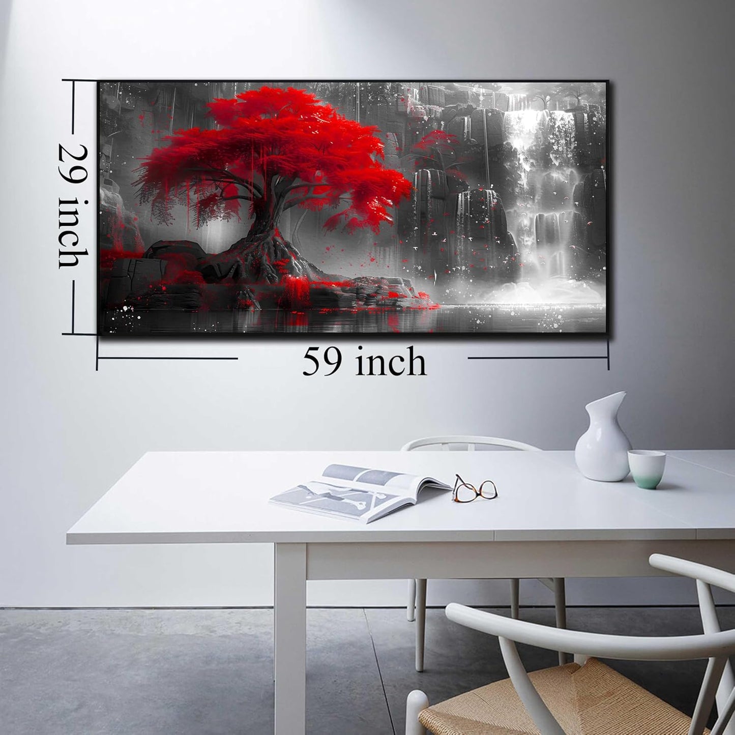 Tree Wall Art for Living Room, Waterfall Wall-Decor for Bedroom, Black White and Red Canvas Print, Large Size 29x59 Inches Framed
