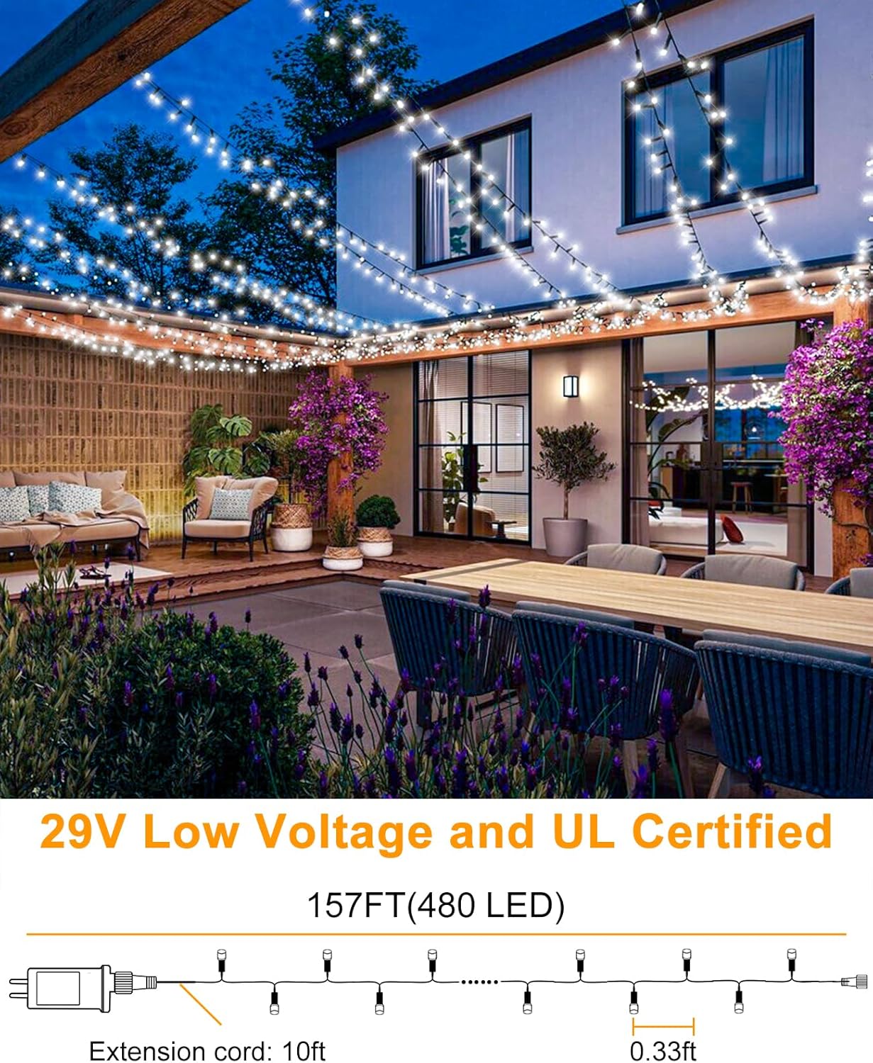 Christmas Lights Outdoor, 157FT 480 LED Plug in Christmas Tree Lights Waterproof, 8 Modes Green Wire Twinkle String Light for Indoor Garden Patio Porch Xmas Wedding Party Decorations, White