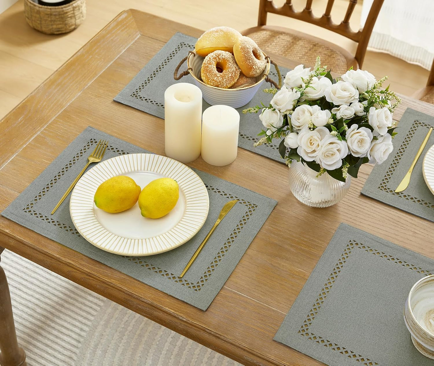 Burlap Placemats Set of 4, 12 x 18 Inch Rustic Geometric Hollow Place Mats, Heat Resistant Placemats for Farmhouse Kitchen Table Decor, Grey 4PCS