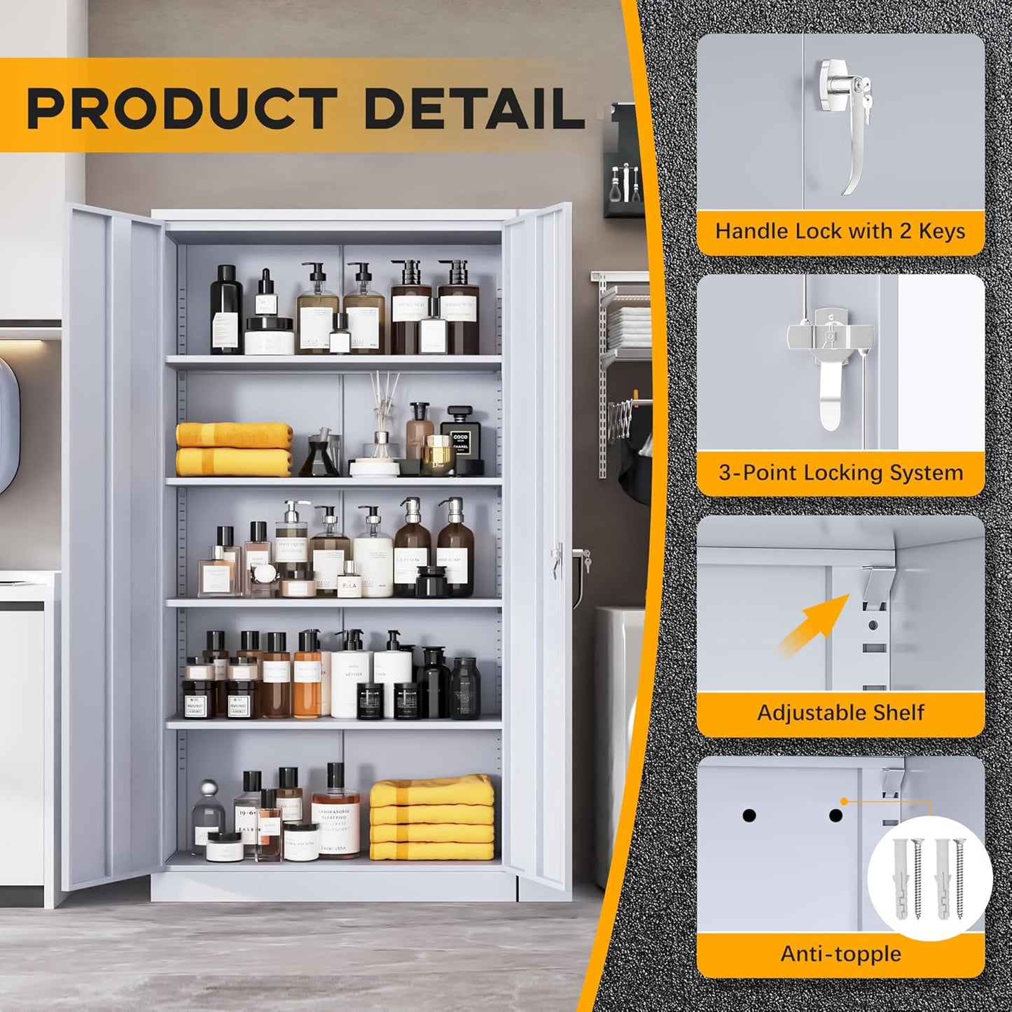 Greenvelly Metal Garage Storage Cabinet with 2 Doors and 4 Adjustable Shelves, 72”H Steel Lockable Storage Cabinet,Tall Metal Cabinet Locking File Cabinet for Office,Home, Garage, Gym, School