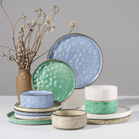 HaWare Dinnerware Sets, 12-Piece Plates and Bowls Set, Stoneware Dish Set for 4, Ceramic Dinnerware for Home Restaurant, Chip and Scratch Resistant, Microwave and Dishwasher Safe, Multicolor