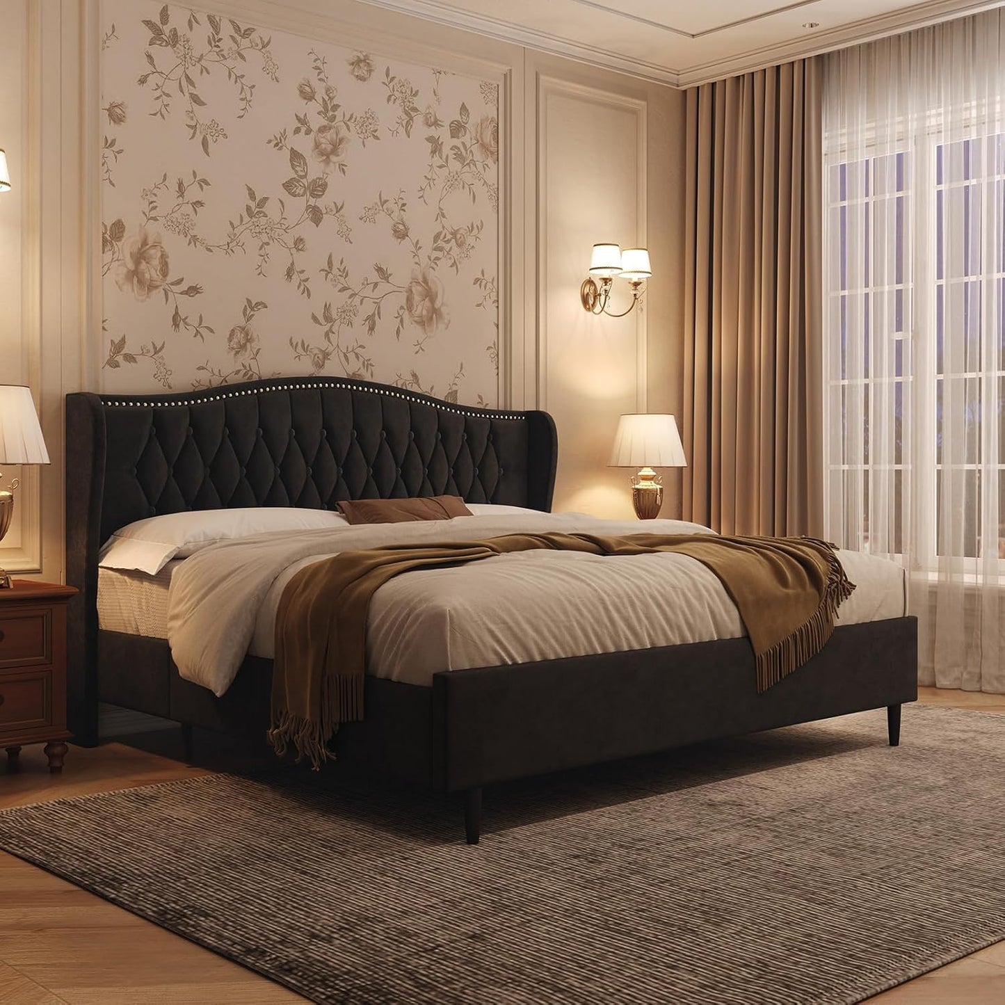 Belffin King Bed Frame and Headboard, Luxury Upholstered Velvet Platform Bed with Wingback, Button Tufted & Nailhead Trim, Anti-Slide Tall Footboard, No Box Spring Needed, Noise-Free, Black