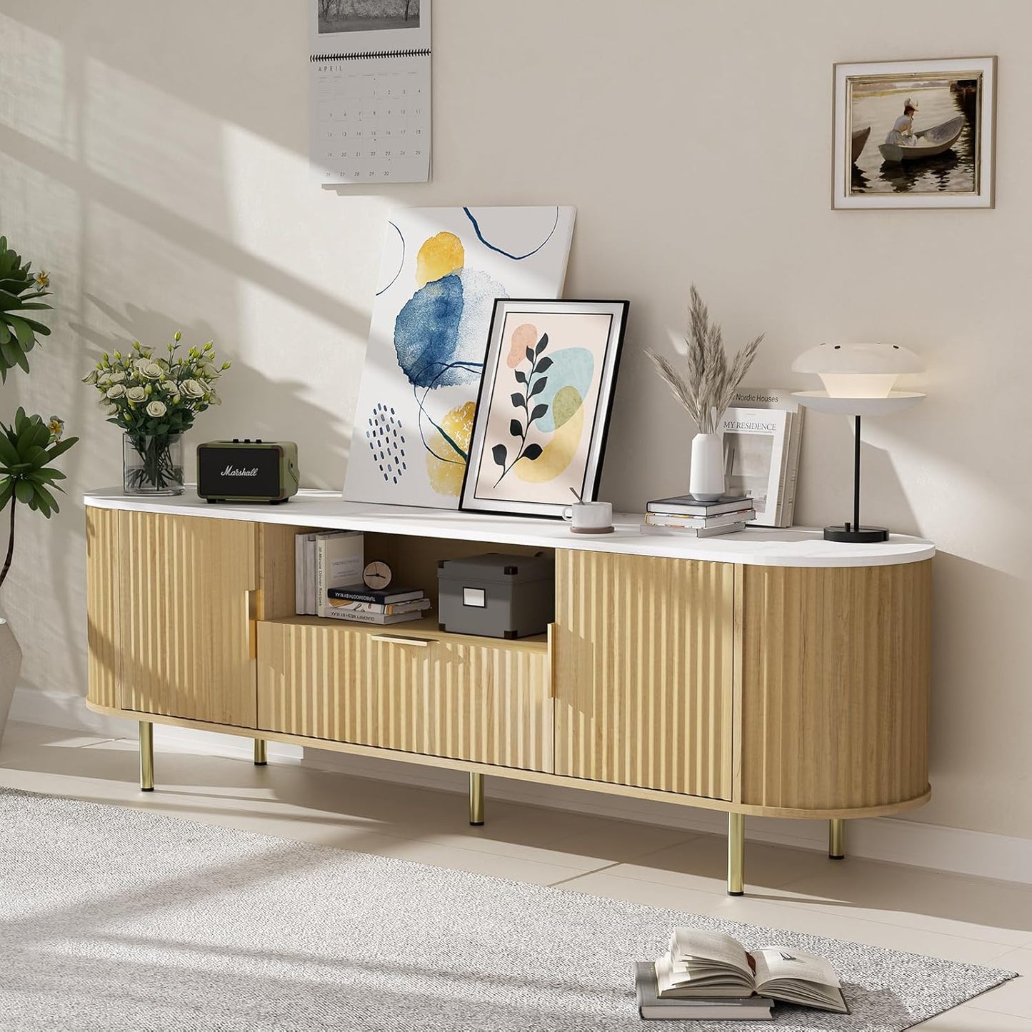 68.5" Fluted TV Stand, Modern Entertainment Center for TVs Up to 68 inch, Wood TV Console with Faux Marble Top and LED, TV Cabinet Media Console, for Living Room, Bedroom, Oak