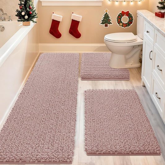 ACCUMTEK Upgrade Extra Large Dusty Pink Bathroom Rug Set 3 Pieces Ultra Soft, Thick Absorbent Bath Mats, Non Slip Chenille Toilet Mat for Bathroom, Bedroom, Kitchen