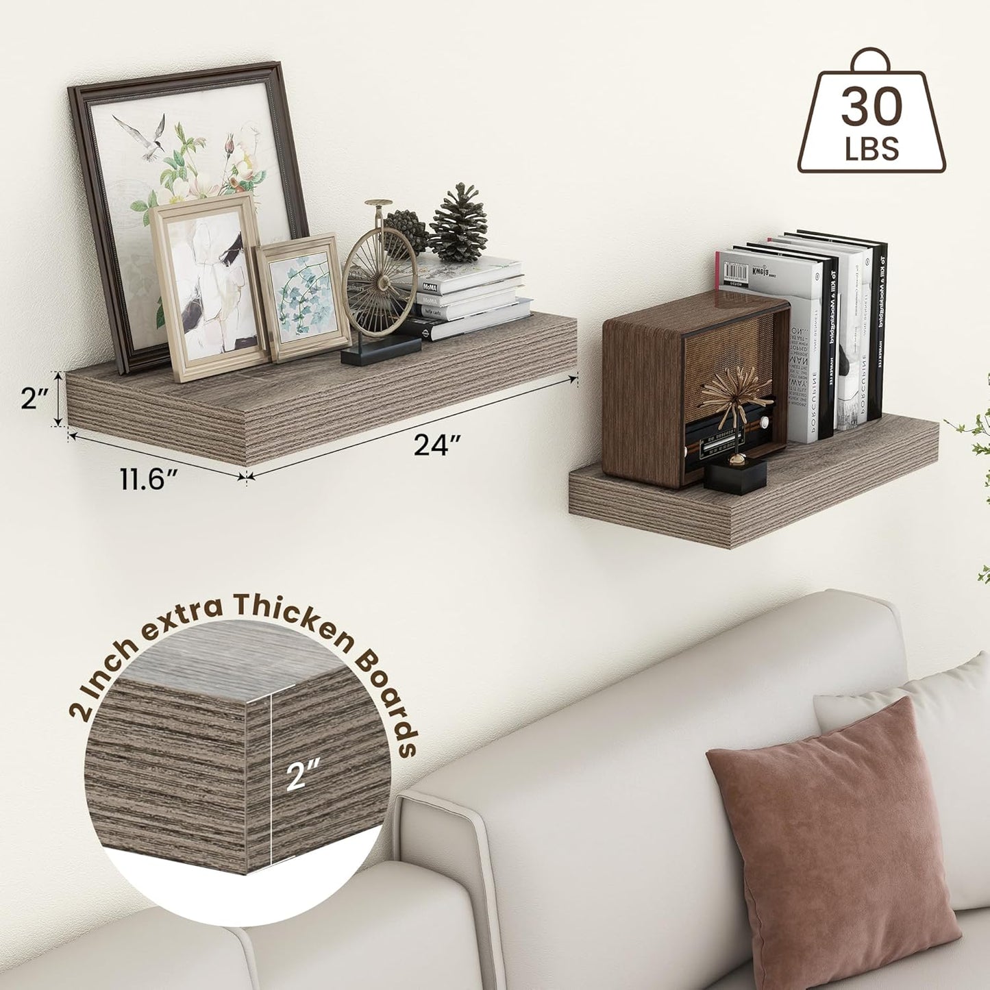 Deep Floating Shelves for Wall, 24W x 12D Rustic Grey Wood Floating Shelves Set of 2, 24 Inch Large Wall Mounted Shelves for Living Room Bathroom Laundry Room Bedroom Kitchen Home Office - Grey