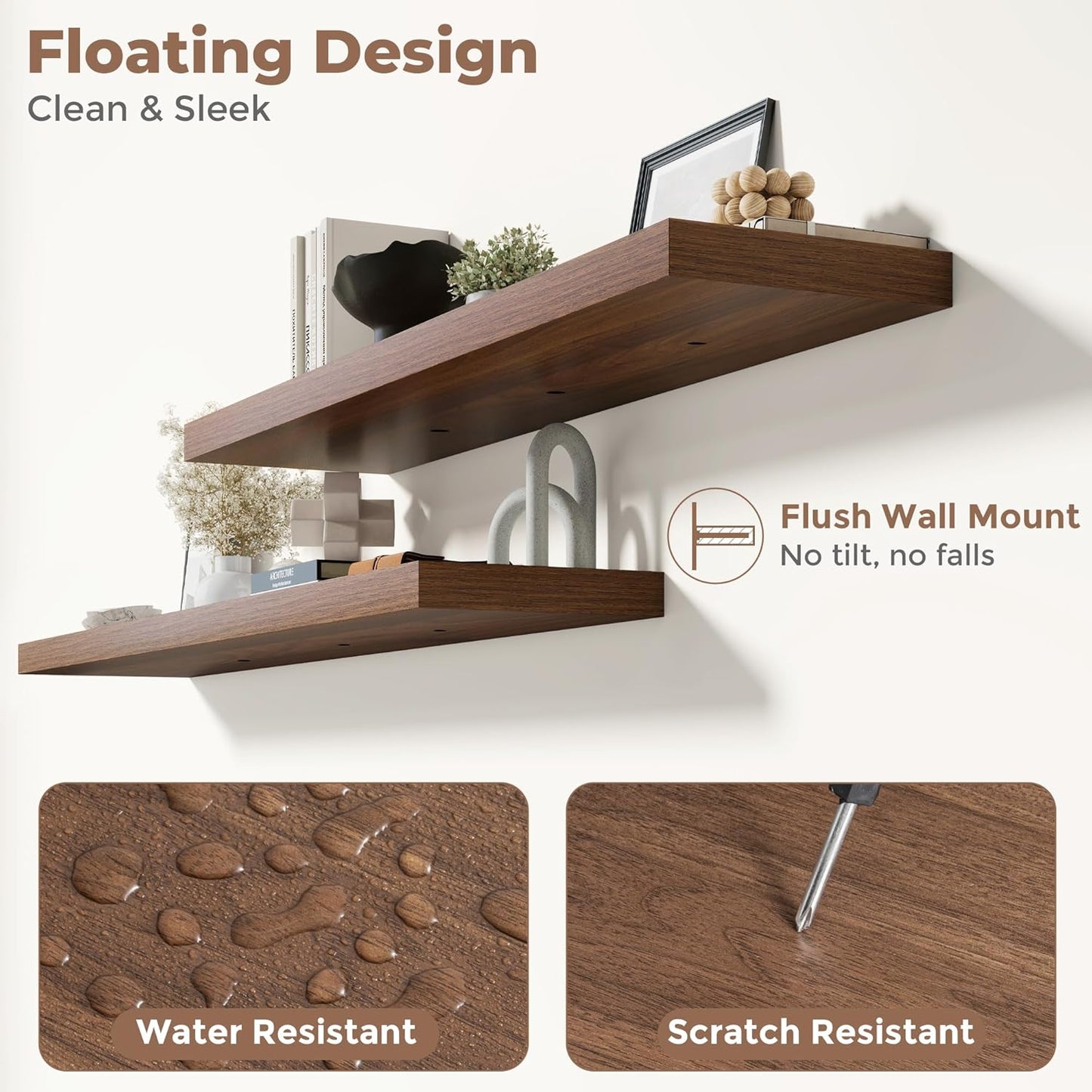 Floating Shelves for Wall with Invisible Brackets, Wall Mounted Engineered Wood Shelves with Wood Grain for Living Room, Bedroom, Bathroom, Kitchen Decor and Storage, Oak, 48"L Set of 2, Walnut
