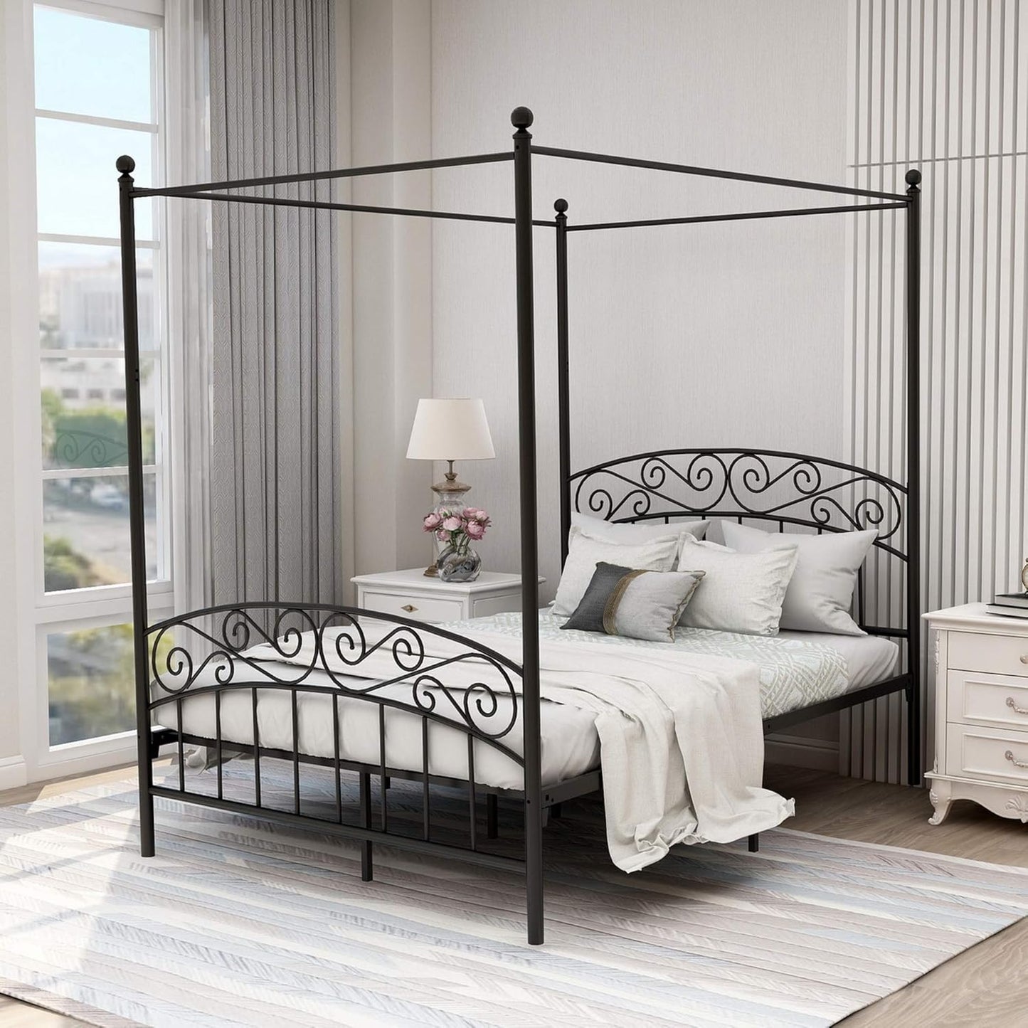 Full Size Canopy Bed Frame Four-Poster Metal Platform Bed with Headboard and Footboard Sturdy Heavy Duty Steel Slat Support No Box Spring Needed Black