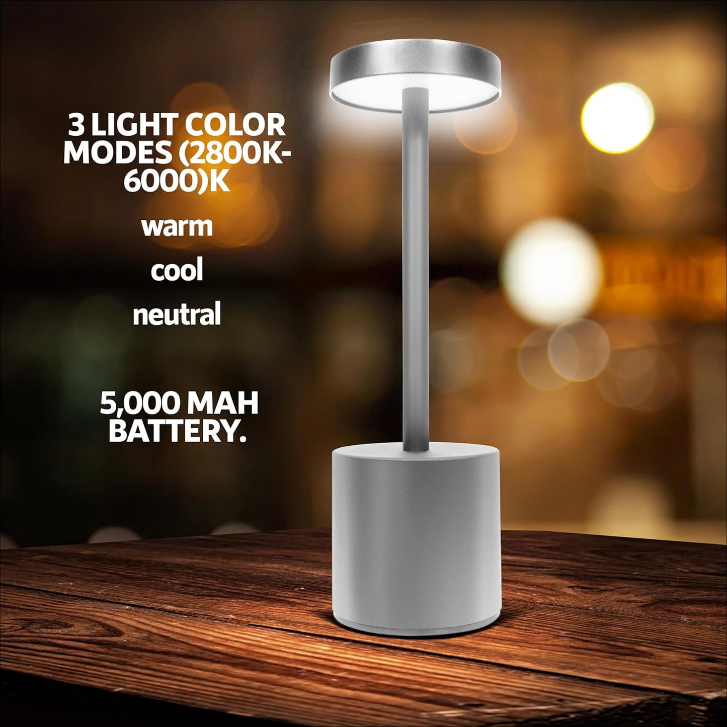 10 Pack - Silver Rechargeable Cordless Table Lamps, Portable LED Desk Lamps, Dimming 5000mAh Rechargeable Battery Powered LED Lighting for Restaurant,Bar, Bedroom, Outdoor, Party