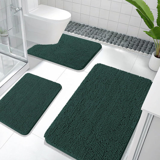 OLANLY Bathroom Rugs Sets 3 Piece, Soft Absorbent Chenille Bath Mat and U-Shaped Contour Toilet Rug, Quick Dry, Home Decor Accessories, Bath Mat Set for Floor (36"x24"+24"x16"+24"x20", Blackish Green)