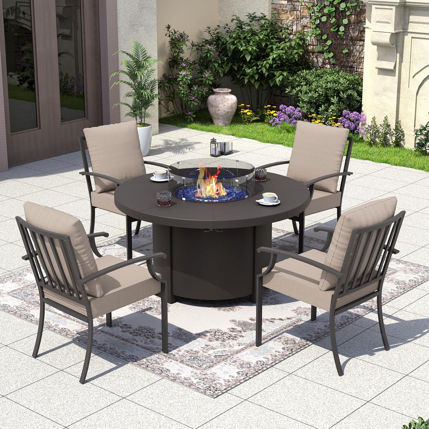 Kurapika 5 Piece Metal Outdoor Patio Furniture Set with Round Fire Pit Table, Patio Conversation Sets 4 Fixed Chairs with Thick Cushion and 40000 BTU Fire Pit Table, Sand