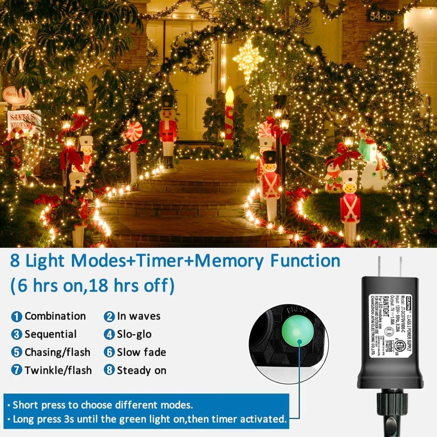 YEGUO 500 LED 165ft Christmas Lights Outdoor Waterproof, Warm White String Lights Indoor, 8 Modes Green Wire Twinkle Xmas Tree Lights Plug in with Memory Timer