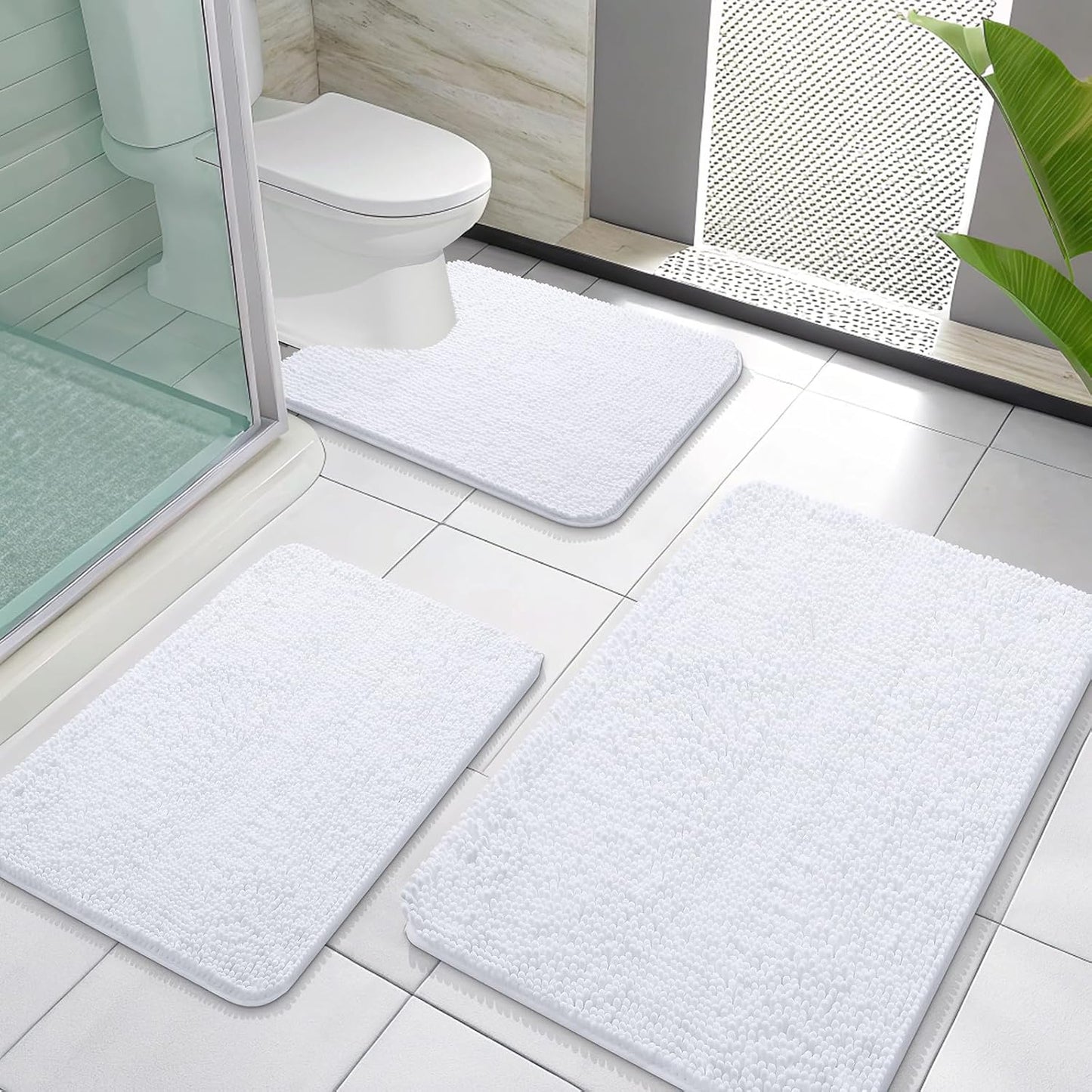 OLANLY Bathroom Rugs Sets 3 Piece, Soft Absorbent Chenille Bath Mats and U-Shaped Contour Toilet Rug, Quick Dry, Home Decor Accessories, Bath Mat Set for Bathroom (30"x20"+24"x16"+24"x20", White)