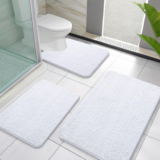 OLANLY Bathroom Rugs Sets 3 Piece, Soft Absorbent Chenille Bath Mats and U-Shaped Contour Toilet Rug, Quick Dry, Home Decor Accessories, Bath Mat Set for Bathroom (30"x20"+24"x16"+24"x20", White)
