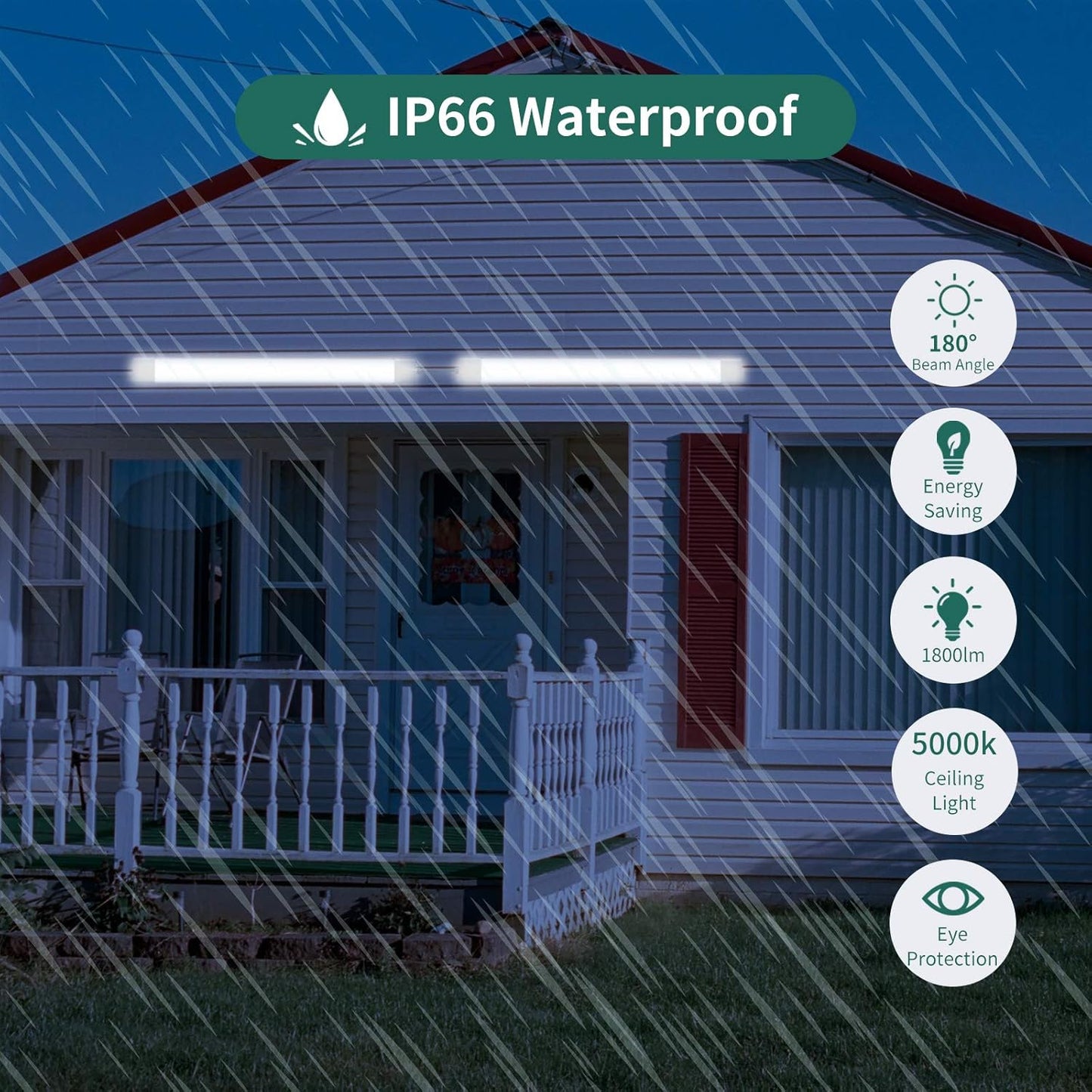 KUKUMAO 5000K LED Ceiling Light Fixture, 2FT with Plug Linkable, 2PCS Waterproof LED Tube Light Under Cabinet Lighting,Closet Light 18W for Garage Kitchen Bathroom Workbench and Office